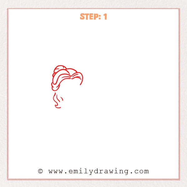 how to draw a beauty and the beast - Step 1: Belle’s hair outline is drawn with parted bangs, a bun, and a loose curl.